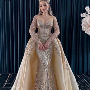 Arabic Formal Champagne Long Sleeve Evening Dress With Detachable Overskirt Customized Wedding Dress Prom Dress Robe De Soirée