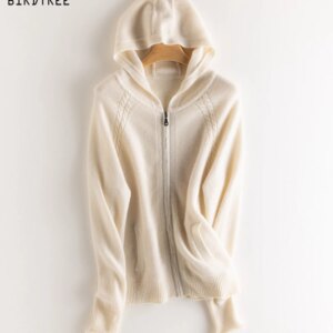 BirdTree, 100%Pure Cashmere Soft Hooded Cardigans, Women Long Sleeve Solid, Fashion Casual Loose Sweater, Autumn Winter T48097QC