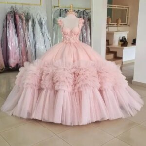 Customized Pink Charming Princess Gown Appliques Beads Layered Dress Pleat Royal Train Vestido De 15 Quinceaneras