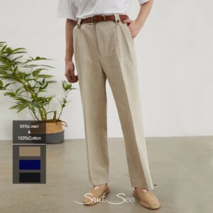 New Design Mens Linen Casual Trouser Straight Leg Double Pleated Pant for Man Vintage Old Money Style