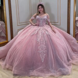 Pink Shiny Quinceanera Dresses Off Shoulder Ball Gown Sweet 16 Dress Sequin Applique Beads Tull Birthday Party Vestidos 15 De