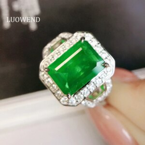 LUOWEND 100% 18K White Gold Rings Luxury Shiny Design Natural Diamond Natural Emerald Engagement Ring for Women Party Jewelry