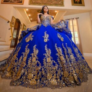 Royal Blue Shiny Quinceanera Dresses Ball Gown Off The Shoulder Sequin Gold Applique Lace Beading Tull Party Birthday Sweet 16