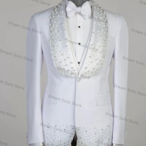 White Pearls Men Suits for Wedding 3 Pieces Blazer+Pants+Vest Custom Made Plaid Jacket Groom Tuxedo Custom Made Coat Trousers