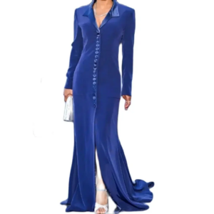 Elegant Blue Silk Luxury Women Evening Dress V-Neck Floor Length Sexy Split Trumpet Celebrity Dress فساتين سهرات Robes De Soirée