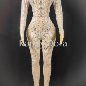 High end tight fitting sexy rhinestone party mesh jumpsuit adult performance wear European and American fashion women’s clothing