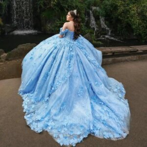 Sky Blue Shiny Princess Quinceanera Dresses Off The Shoulder Gillter Flower Beads Crystal Lace-up vestidos de 15 años Prom Sweet