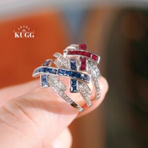 KUGG 100% 18K White Gold Rings Fashion Cross Design INS Style Shiny Diamond Natural Ruby/Sapphire Ring for Women Wedding Jewelry
