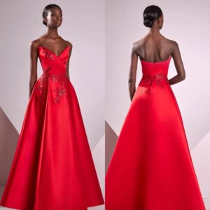 Customized Satin Applique Sequined Formal Evening A-line Strapless Bespoke Occasion Gown Long Dresses