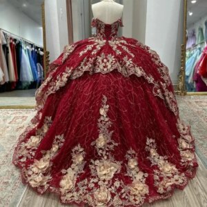 Custom Made Mexican Wine Red Vestido De 15 Quinceanera Dresses 3D Flower Applique Big Ball Skirt Women Prom Party Dress Pageant