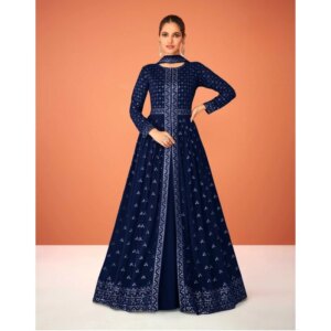 Royal Blue Color Georgette Fabric Eid Ramadan Festival Wear Slit Anarkali Gown