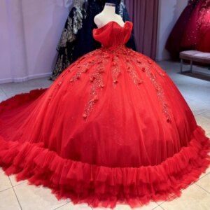 Red Quinceanera Dresses Off The Shoulder Sweet 16 Ball Gown Beading Appliques Lace Tiered Tull Corset Formal Vestidos De 15 Años