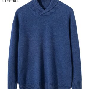 BirdTree, 35% Cashmere 65% Wool Casual Sweater, Men Long Sleeve Lapel, Business Commute Pullover, 2024 Autumn Winter T479128QC
