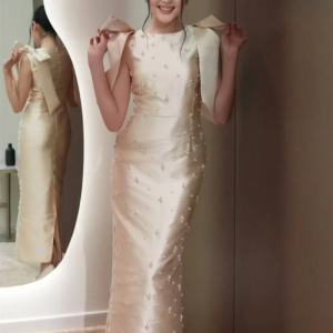 Little Daisy CustomizedBow Straight Scoop Neck Long Dresses Bespoke Occasion Dresses Exquisite Elegant Fashion