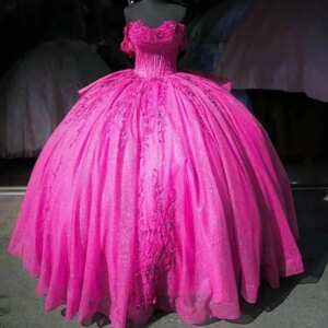 Customized Shiny Fuchsia Appliques Lace Ruffles Quinceanera Dresses Ball Gown Off The Shoulder Sweet 15 Años Mexican