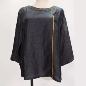High Quality Summer Xiangyun Yarn Real Silk Top Women’s Half Sleeve Crack Black round Neck Loose Breathable Design Sense