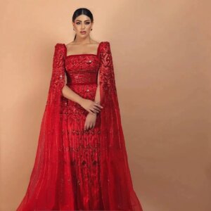 ROSEINTHEBOX Luxury Wine Red Arabic Burgundy Evening Dress with Cape Sleeve 2025 Women Wedding Guest Party Gowns Customized