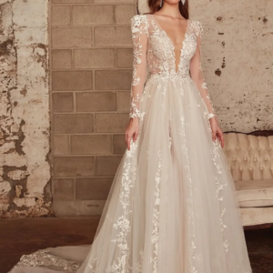 Customized Elegant A-Line Wedding Dress With Deep V-Neck Long Sleeves Pleated Edges High Waist Applique Backless Bridal Dress