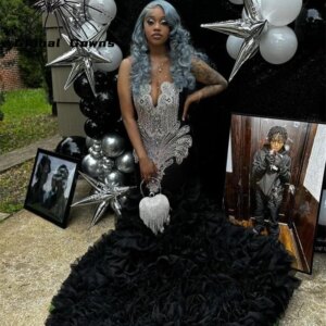 Black Long Prom Dresses For Black Girls Beaded Crystal Rhinestone Birthday Dress Gowns Ruffles Evening Gowns Customized
