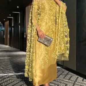 Elegant Gold Lace Mermaid O-Neck Party Dress Formal Stage Long Sleeves Ankle-Length Evening Gown Long Dress For Women