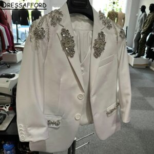 White Men Suits Two Pieces Luxury Crystal Diamonds Evening Party Blazer Groom Wear ( Jacket + Pants )
