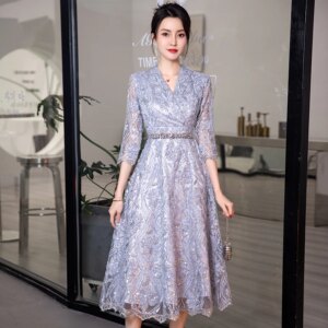 Luxury Lace Mother Of The Bride Dresses With Sleeves Elegant V-Neck A-Line Tea-Length Women Wedding Party Dresses