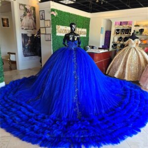 Fancy King Blue Mexican 15 Years Quinceanera Dresses Beaded Lace Appliques Ruched Train Ball Gown Wedding Dress Customized
