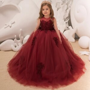 Customized Flower Girl Dresse Burgundy Tulle Puffy Floral Appliques Sleeveless For Wedding Party Birthday Banquet Princess Gown