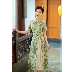 Stretch Yarn Long Short Sleeve Robe Qi Pao Spring and Summer Retro Ethnic Style Improved Cheongsam Dress