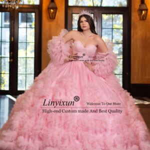 Princess Ball Gown Quinceanera Dress With Crystals Beaded Pruffy Sleeves Corset Sweet 16 Dress Ruffls Skirt Vestidos De 15 Años