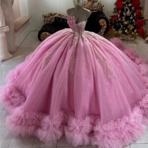 Pink Shiny Quinceanera Dresses Ball Gown Off The Shoulder Beading Crystal Tull Tiered Party Birthday Sweet 16 Dress Vestidos 15