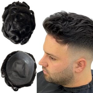 Malaysian Virgin Human Hair Hairpieces #1b Black,32mm Wave Toupee 8×10 V Loop 0204 Super Thin Skin Unit for Asian Men