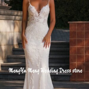 Sexy V Neck Mermaid Bohemian Wedding Dress Spaghetti Strap Lace Appliques Sleeveless Boho Floor Length Bridal Gowns Customized
