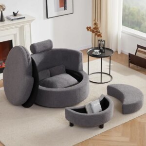 Swivel Chair with Half Moon Storage Ottoman, Round Oversized Swivel Barrel Chair with Base Storage for Living Room, 360°Modern A