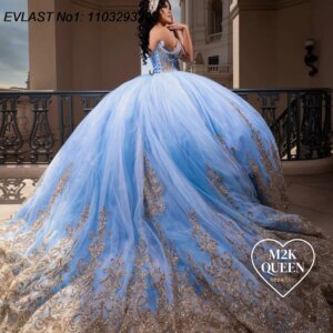 EVLAST Customized Glitter Sky Blue Quinceanera Dress Ball Gown 2025 Gold Lace Applique Beading Sweet 16 Vestido De 15 Anos E1Q97