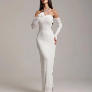Customized Delicate Strapless Detachable Sleeve Crystal Evening Dresses Graceful Pleats White Vestido De Festa Vestido