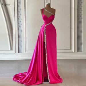 Ciynsia Mermaid Formal Dress One Shoulder Robe De Soiree Satin Beaded Dubai Evening Gowns High Split Sexy Prom Dresses Long