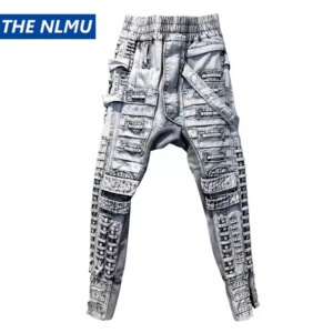 Vintage Motorcycle Cargo Trousers Joggers Men’s Patchwork Washed Cross Pants Function Elastic Waist Skinny Trousers