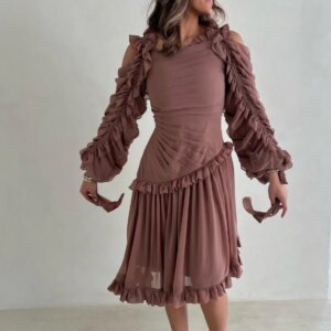 Customized A-Line Prom Dresses Tea-Length Square Collar Full Sleeve Evening Dresses Fashion Draped Pleat Ruched Party Dresses