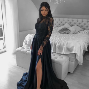 Vinca Sunny Customized Long Sleeve Lace A-Line Evening Dresses Appliques Black Formal Gowns Split Satin Prom Dress Robe Soirée