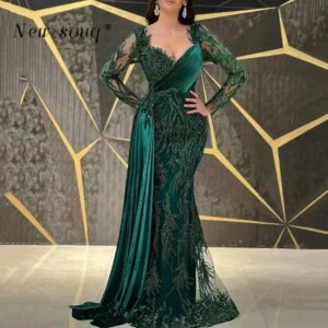 Arabic Emerald Green Long Sleeves Beaded Sequins Evening Dresses Elegant Mermaid Formal Occasions Prom Party Gowns Customized