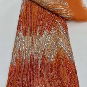 Burnt Orange Beaded Lace Fabric Luxury Lace Fabric High Quality 2025 Purple Gold Beaded Lace Fabrics Sequins For Sewing KB4444