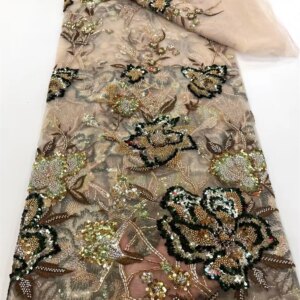 Luxury French Embroidery beads lace high quality Lace Fabric With Sequins 5 Yards High Quality Materiel for Party Dresses