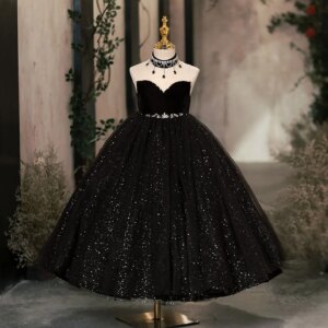 Jill Wish Elegant Dubai Black Girl dresses High-Neck Beadeds Arabic Princess Kids Birthday Wedding Party Ball Gown J106