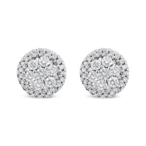 14K White Gold 1.0 Cttw BrilliantCut Diamond HaloStyle Cluster Round Button Stud Earrings HI Color I1I2 Clarity