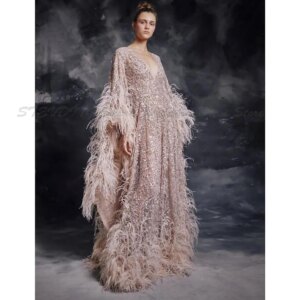 Modest Krikor Jabotian Elegant V Neck Long Sleeve A Line Evening Dresses Sequins Lace Feather Formal Dresses Sweep Train Party