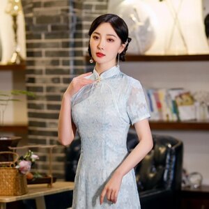 Blue cheongsam lace improved standing collar fashion short-sleeved banquet dress