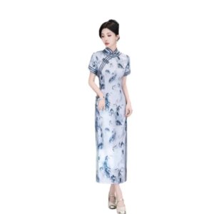New long improved girl’s cheongsam ink painting elegant daily silk jacquard
