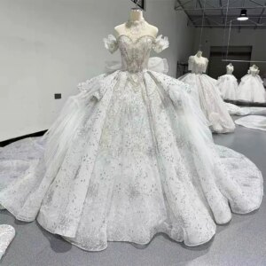 Vestidos Elegantes Feminino Off Shoulder Sweetheart Bow Beading Crystal Wedding Dress Ball Gown Lace Long Bridal Dress