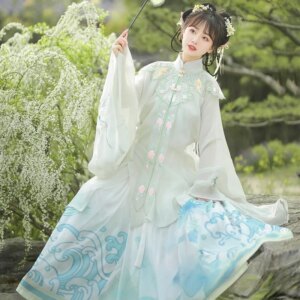 Hanfu female shoulder oblique collar long shirt waist pleated skirt ancient dress elegant